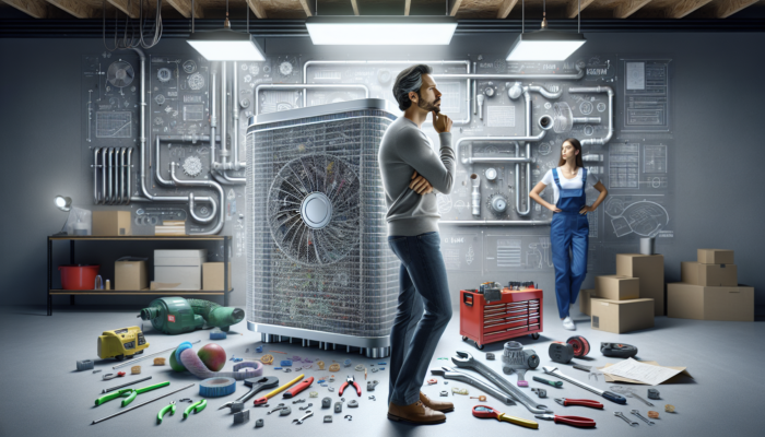 Individual in garage choosing between DIY toolkit and professional installing wildfire air filter, complex HVAC system visible.