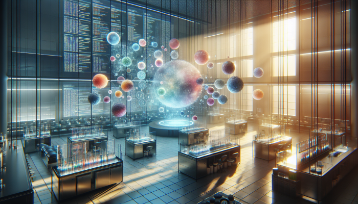 A futuristic lab showcasing glowing biomarkers and a health analysis report with iron reserves and vitamin D levels, set against a winter sunlight backdrop.