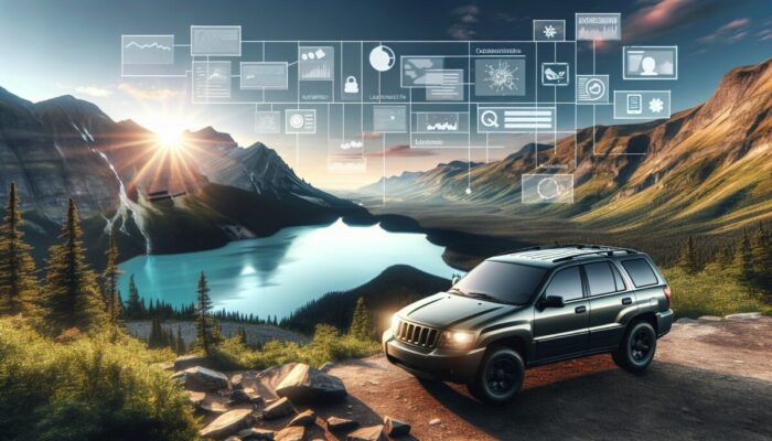 A rugged SUV parked at a scenic overlook in a national park at dawn, featuring a mountain lake in the background.