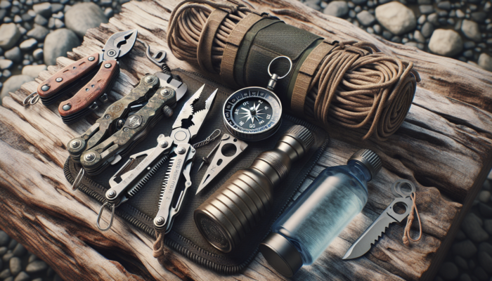 Close-up of essential wilderness survival gear: multi-tool, compass, fire starter, emergency blanket, and water purifier on a rugged backdrop.