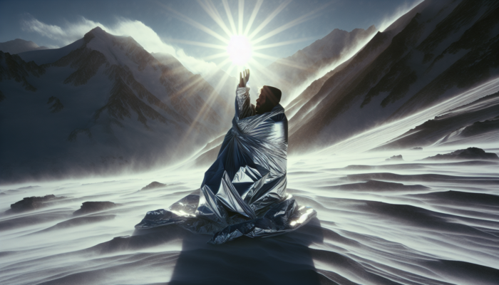 Person wrapped in a silver emergency blanket, signaling for rescue in snowy, windy mountains.