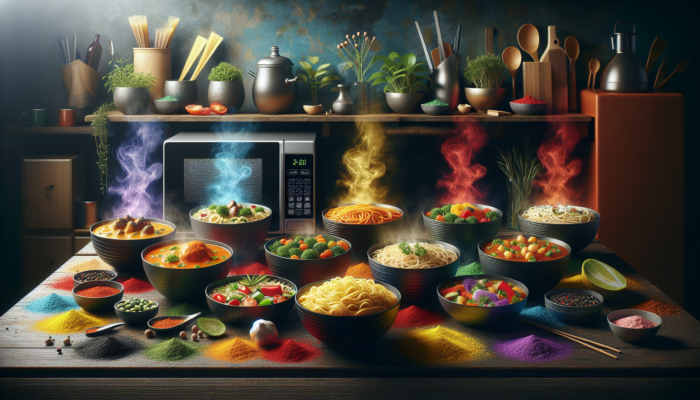 A vibrant selection of international microwave meals on a kitchen counter, including Thai curry, Italian pasta, and plant-based options.