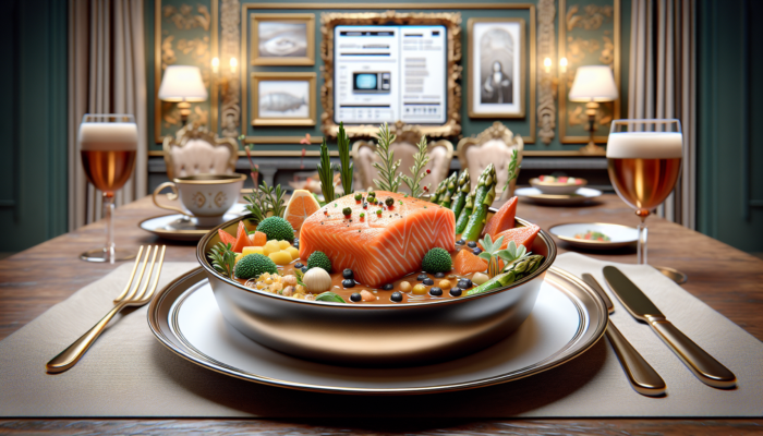 Gourmet microwave meal featuring salmon, organic vegetables, and artisanal sauce on a fine dining plate.