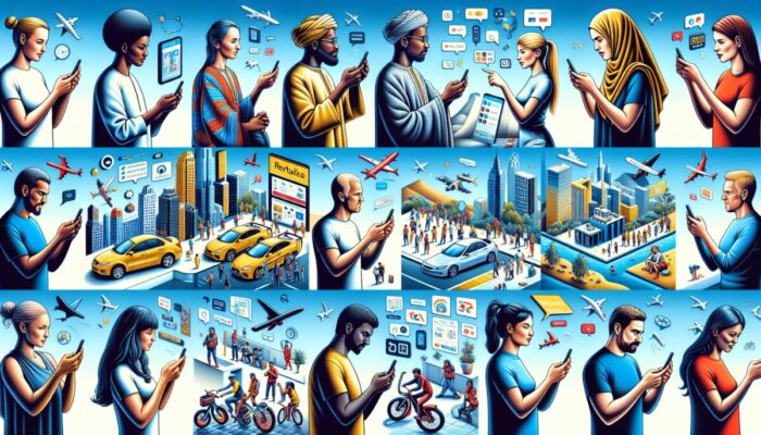 Diverse travelers using smartphones and digital wallets for flexible rental payments globally.