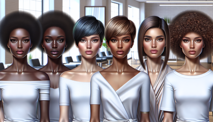 Women with short hairstyles tailored to their face shapes in a modern salon.
