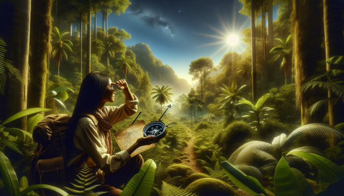 Person in jungle using compass, sun, and North Star for navigation, surrounded by lush vegetation.