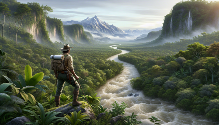 A navigator using a river and mountain as landmarks in a dense jungle, adapting to flooding and landslides.