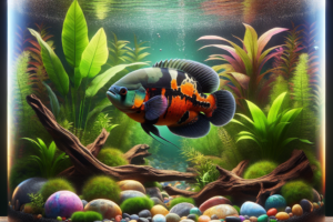 A vibrant aquarium displaying a healthy Oscar fish, lush plants, and colourful decorations.