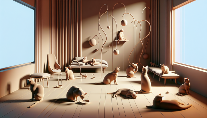 Cats playing with subtly crinkling toys in a serene, softly lit room, balancing stimulation and calm.