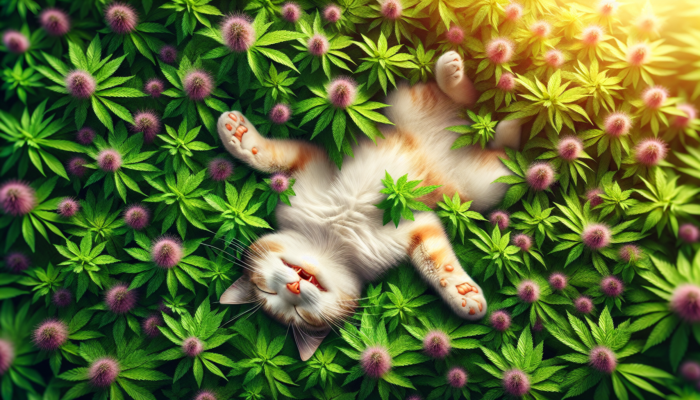 A joyful cat rolling in a lush field of catnip grass adorned with vibrant green leaves and tiny purple flowers.