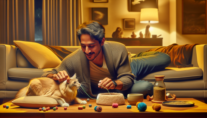 A person and cat joyfully playing with catnip toys in a cozy living room, enhancing their bond.