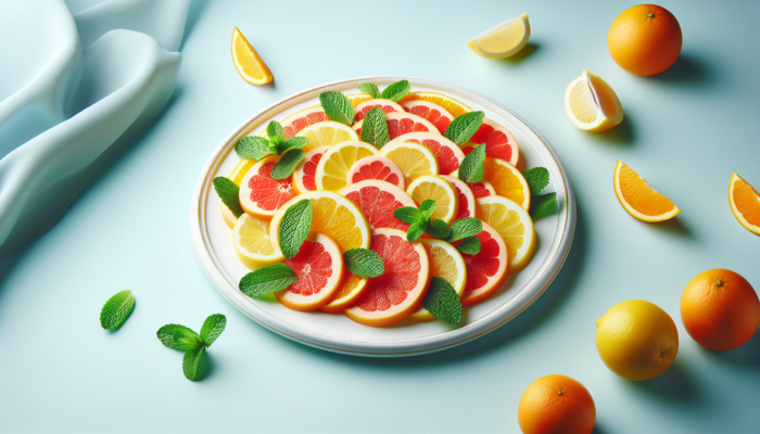 A vibrant citrus salad featuring oranges, lemons, grapefruits, and mint on a white plate, against a pastel blue background.