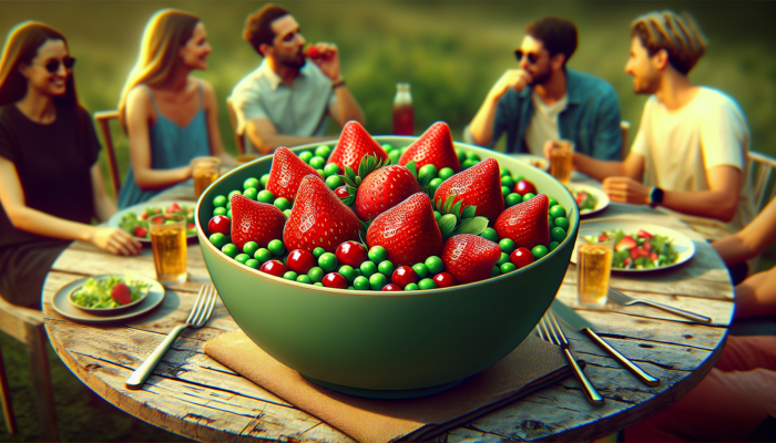A vibrant salad featuring strawberries and peas, dressed in vinaigrette, on a rustic table with friends outdoors in May.