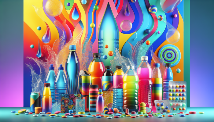 A colorful display of water bottles, sports drinks, and electrolyte tablets with water droplets.