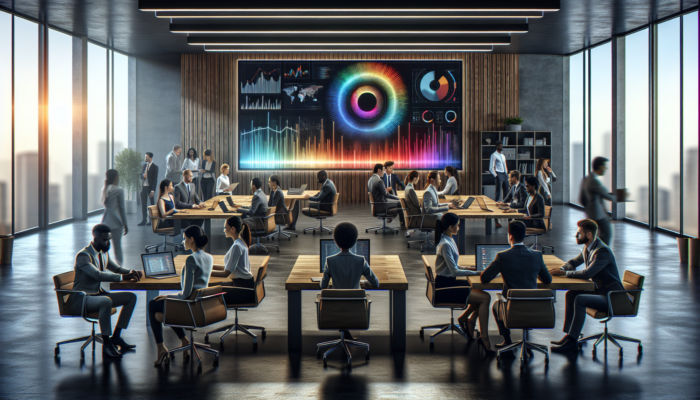 A modern office equipped with a digital screen displaying Google Business Analytics dashboards, with a team strategising data optimisation.
