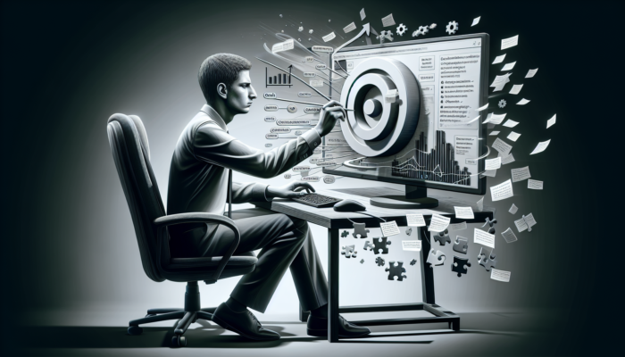 Individual configuring Google Business Analytics, appearing frustrated, overlooking key steps like goal setting and tracking code installation.