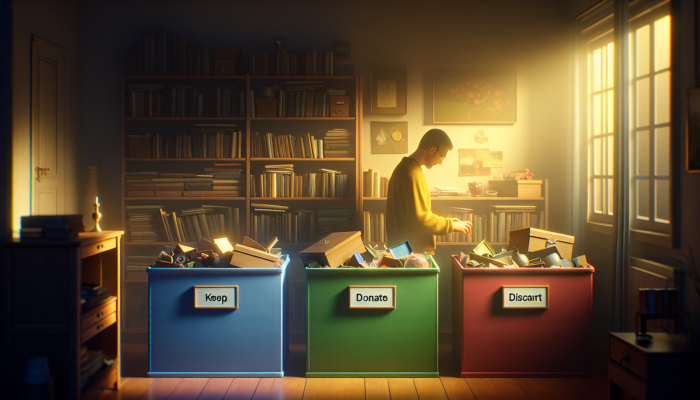 Individual sorting sentimental possessions into 'keep', 'donate', 'discard' boxes, reflecting in a softly illuminated room.