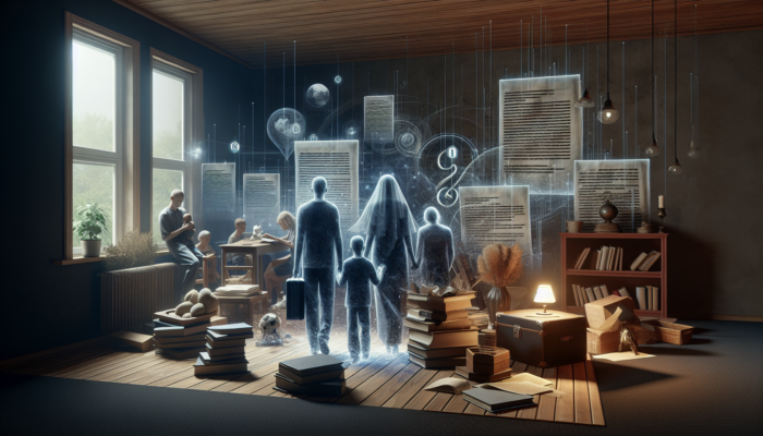 Family surrounded by legal documents and personal items, managing the complexities of probate and estate clearance.