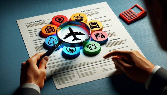 Person using magnifying glass to reveal hidden fees in the car rental agreement, surrounded by fee symbols.