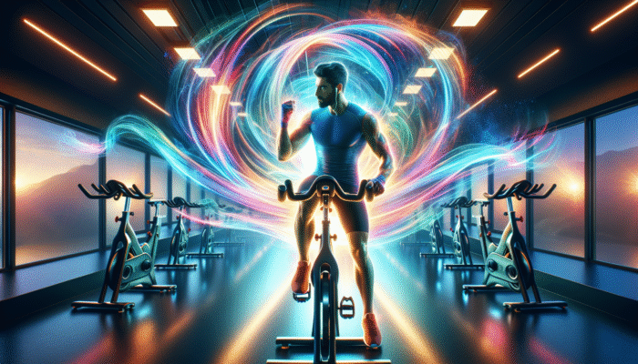 Person entering spin class, energized by pre-workout, ready to cycle with vibrant light trails.