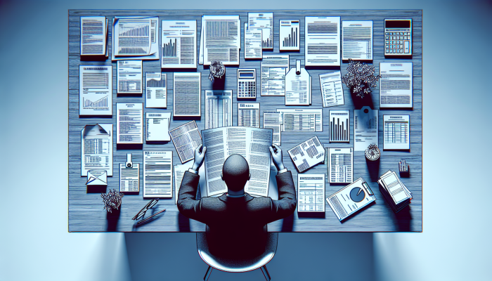 Person at desk with bills, considering debt consolidation document, hopeful.