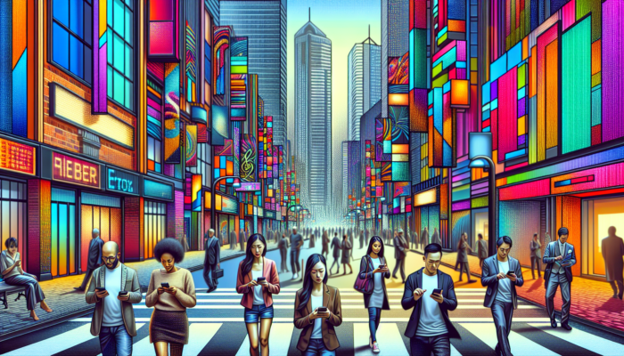 A bustling city street with eye-catching business signs attracting local customers using smartphones for searches.