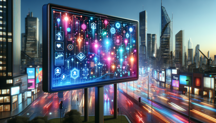 A vibrant digital billboard displaying the Google interface with customer avatars interacting with business listings, futuristic city skyline at dusk.