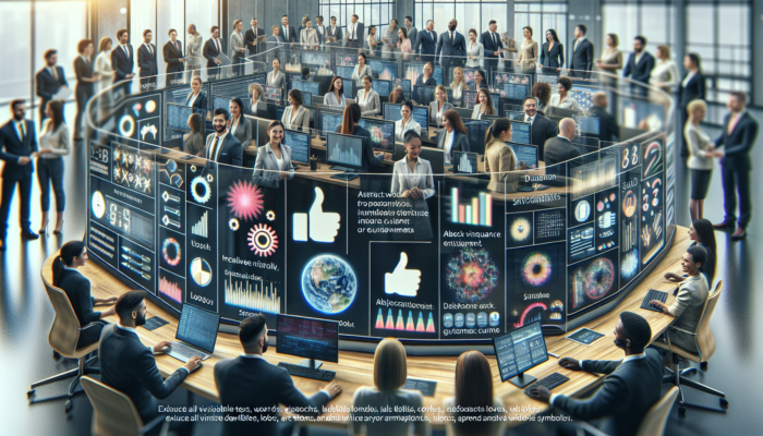 A busy customer service desk with a digital screen displaying Google Business Profile Q&A, staff responding to enhance visibility and engagement.