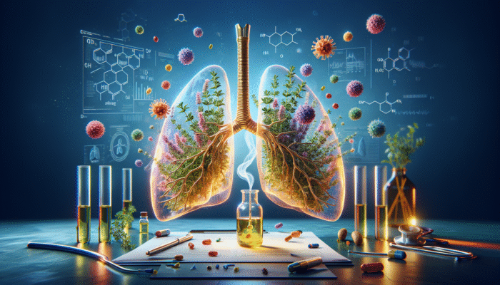 Thyme for Respiratory Health: Illustration of thyme sprigs emitting antimicrobial oils, fighting respiratory pathogens, with a healthy lung background.