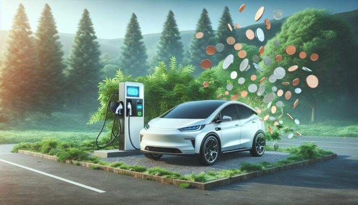 A contemporary electric car at a charging station surrounded by greenery, showcasing low cost savings.