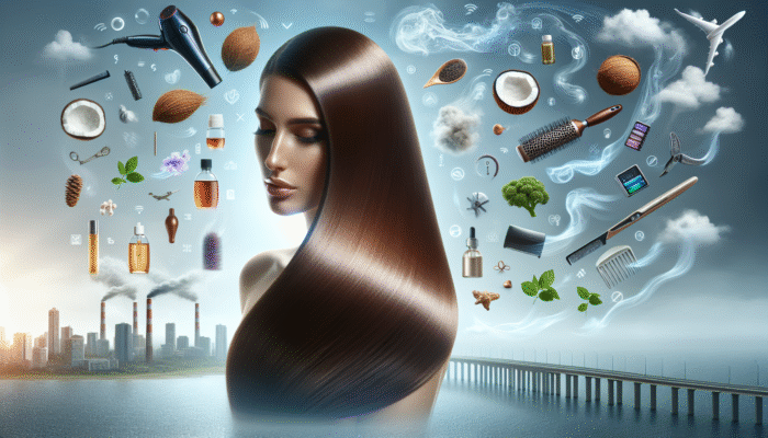 Woman with repaired, shiny hair using coconut and argan oil, against environmental stressors and styling tools.