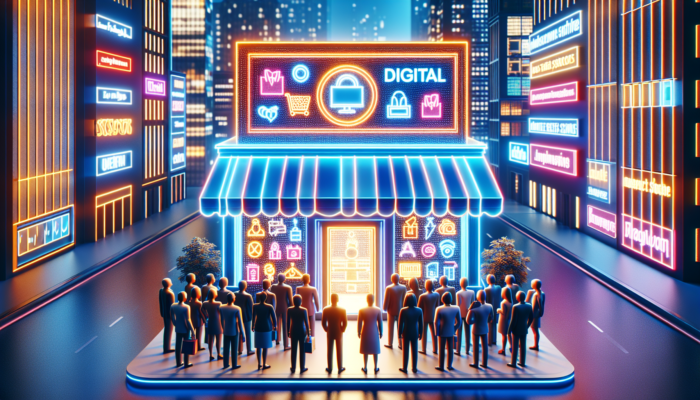 A vibrant digital storefront with a glowing Google Business Profile sign attracting customers in a bustling cityscape.