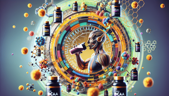 Triathlete drinking a protein shake post-race, surrounded by BCAAs and supplements, muscle fibres repairing in the gym.