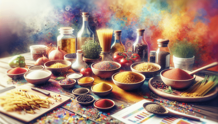 Vibrant kitchen filled with colourful grains and pasta alongside various spices and herbs, ready to inspire creative cooking.