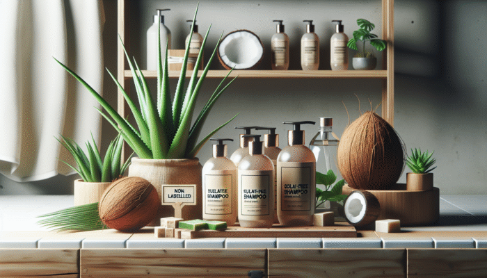 Sulfate-free shampoo bottles on a wooden shelf with aloe vera and coconut, symbolising gentle hair care.