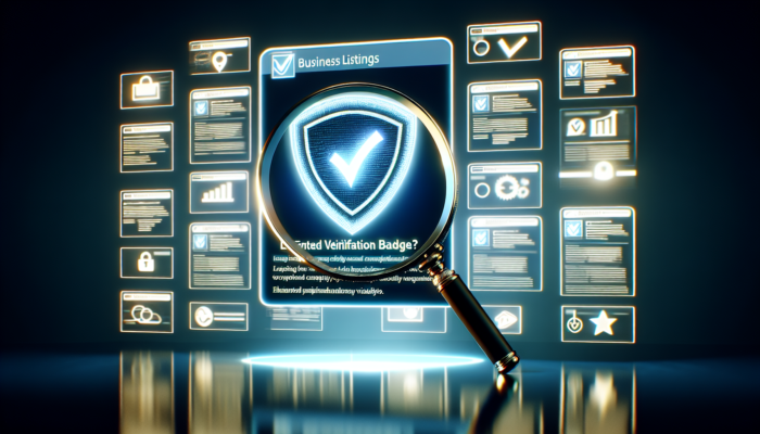A glowing verified business listing on a screen, highlighted by a magnifying glass on the verification badge.