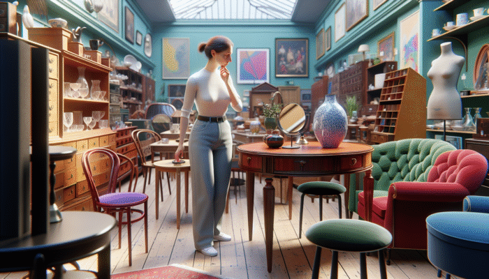 Budget Furniture Tips for House Clearance: A person browsing a colourful UK charity shop with eclectic vintage and modern furniture at low prices.