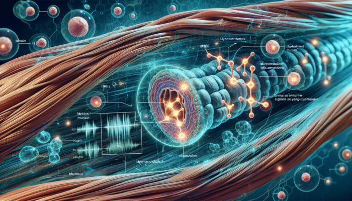 Close-up of muscle fibres with micro-tears being repaired by glowing HMB molecules, enhancing protein synthesis.