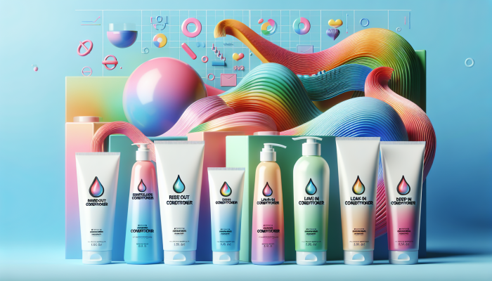 A colourful display of rinse-out, leave-in, and deep hair conditioners for various hair types and needs.