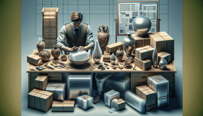 A person carefully wrapping glassware and vases in bubble wrap, labelling packages in an organised workspace.