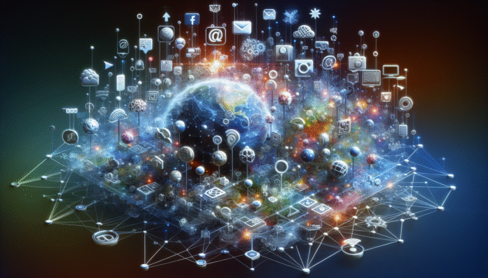 Small Business Internet Marketing: A dynamic digital landscape with nodes representing social media, email, and search engines, symbolising internet marketing channels.