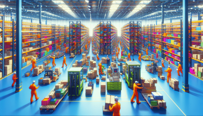 Workers in bright uniforms sorting and disposing of colourful clearance items in a vibrant warehouse using modern, eco-friendly technology.