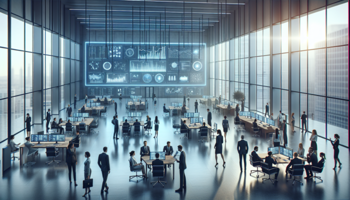 A modern office with professionals analysing Google Business Insights data on a large screen for business growth strategies.