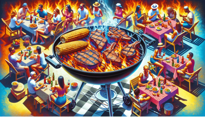 Best Grilling Tools for Summer BBQs: A summer BBQ with a charcoal grill cooking steaks and corn, enjoyed by people savoring the smoky, charred flavours.