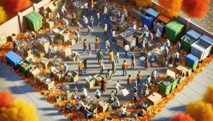 Autumn Eco Trends in House Clearance: People sorting recyclables at a local centre amidst autumn leaves, promoting sustainable house clearance.