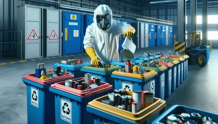 Person in protective gear disposing of hazardous waste like batteries and paints into designated facility bins, emphasizing safety.