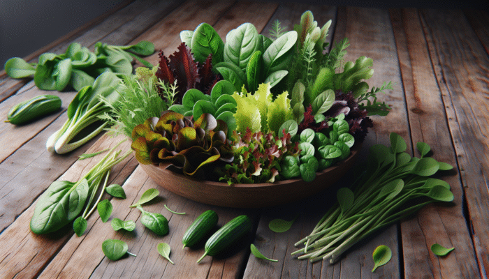 Fresh Summer Salad: A colorful array of fresh salad greens on a rustic wooden table.