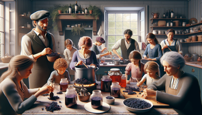 A British family crafting elderberry syrup in a cosy kitchen, with children and adults participating.