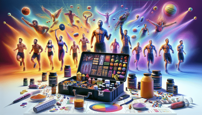A toolkit labelled "Recovery Stacks" with supplements, surrounded by athletes demonstrating muscle recovery and vitality.