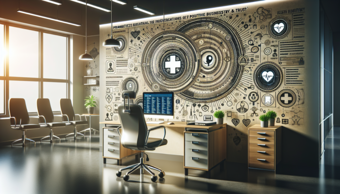 A contemporary office with a computer displaying a health directory, medical equipment, and customer reviews that enhance visibility and trust.